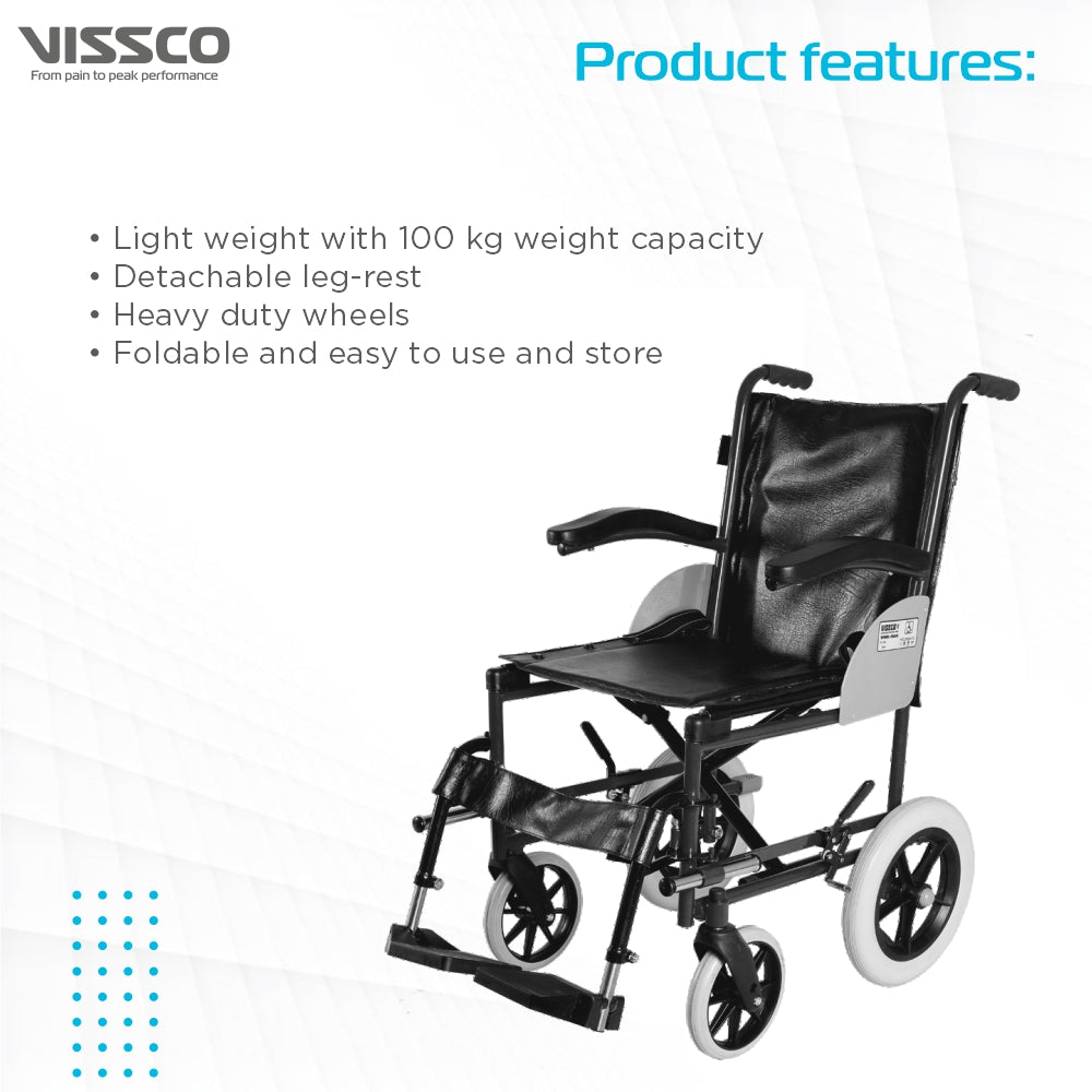 Imperio Wheelchair Institutional with 300mm Rear Wheels | Fixed Armrest | Foldable | Weight Bearing Capacity 100kg | Color (Blue/Grey) - Vissco Next
