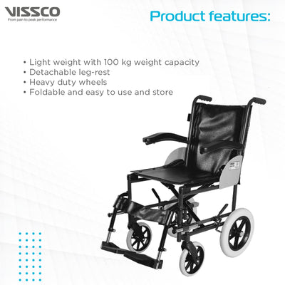Imperio Wheelchair Institutional with 300mm Rear Wheels | Fixed Armrest | Foldable | Weight Bearing Capacity 100kg | Color (Blue/Grey) - Vissco Next