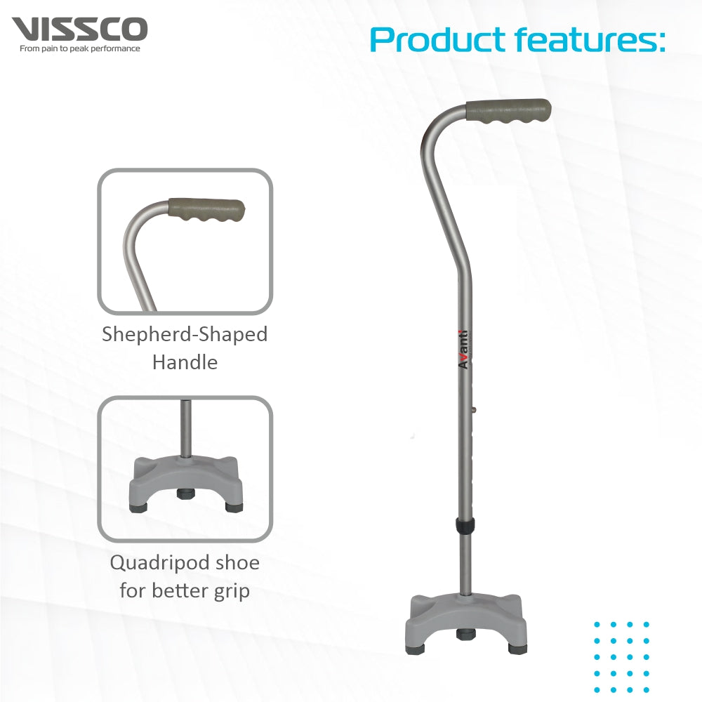 Avanti Sheperd Shape Quadripod Stick for Physically Challeged | Light Weight & Adjustable Height (Grey) - Vissco Next