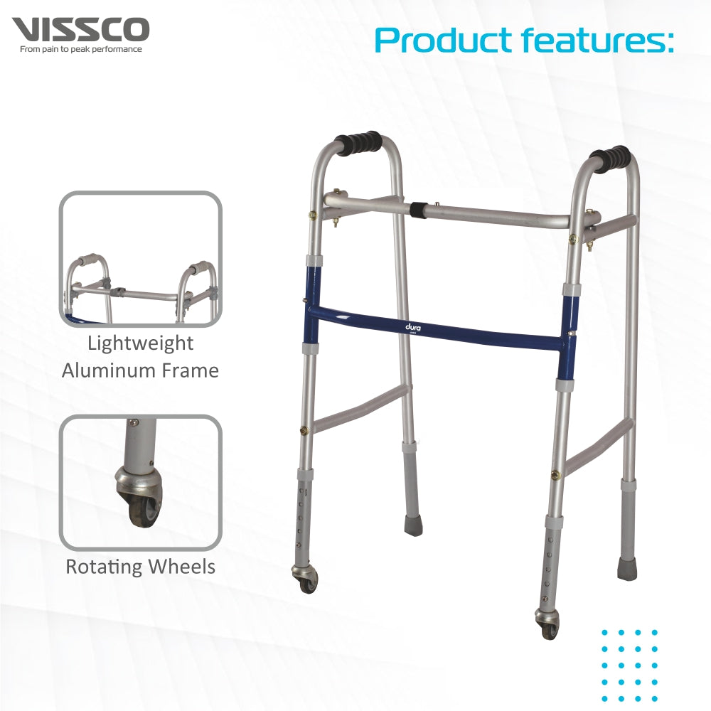 Dura Lite Walker (Aluminium) with Wheels | Foldable Walking Aid | Adjustable Height | Light Weight | With Premium Grade Rubber Shoes and PVC Grip (Grey) - Vissco Next