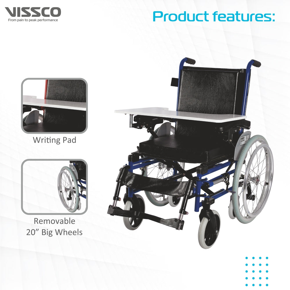 Champ Pediatric Wheelchair with Writing Pad for Children | Foldable | Pneumatic Tires For More Comfort | Weight Bearing Capacity Upto 100kg | Color (Blue/Grey) - Vissco Next