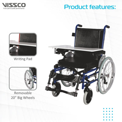 Champ Pediatric Wheelchair with Writing Pad for Children | Foldable | Pneumatic Tires For More Comfort | Weight Bearing Capacity Upto 100kg | Color (Blue/Grey) - Vissco Next