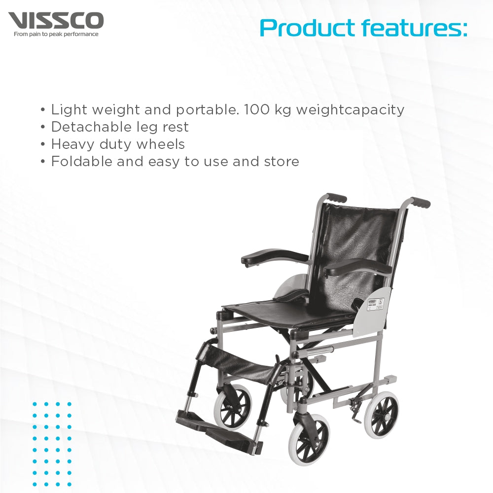 Imperio Wheelchair Institutional with 200mm Wheels | Fixed Armrest | Foldable | Weight Bearing Capacity 100kg | Color (Blue/Grey) - Vissco Next