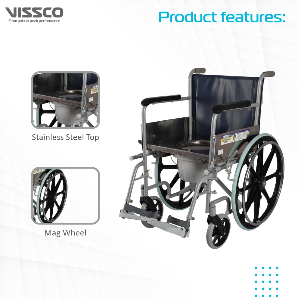 Comfort Wheelchair with Commode Comes With Fixed Arm-rest |Removable footrest |Washable Plastic Bucket|For Elderly & those physically challenged|Weight Capacity 110kg - Universal (Grey) - Vissco Next