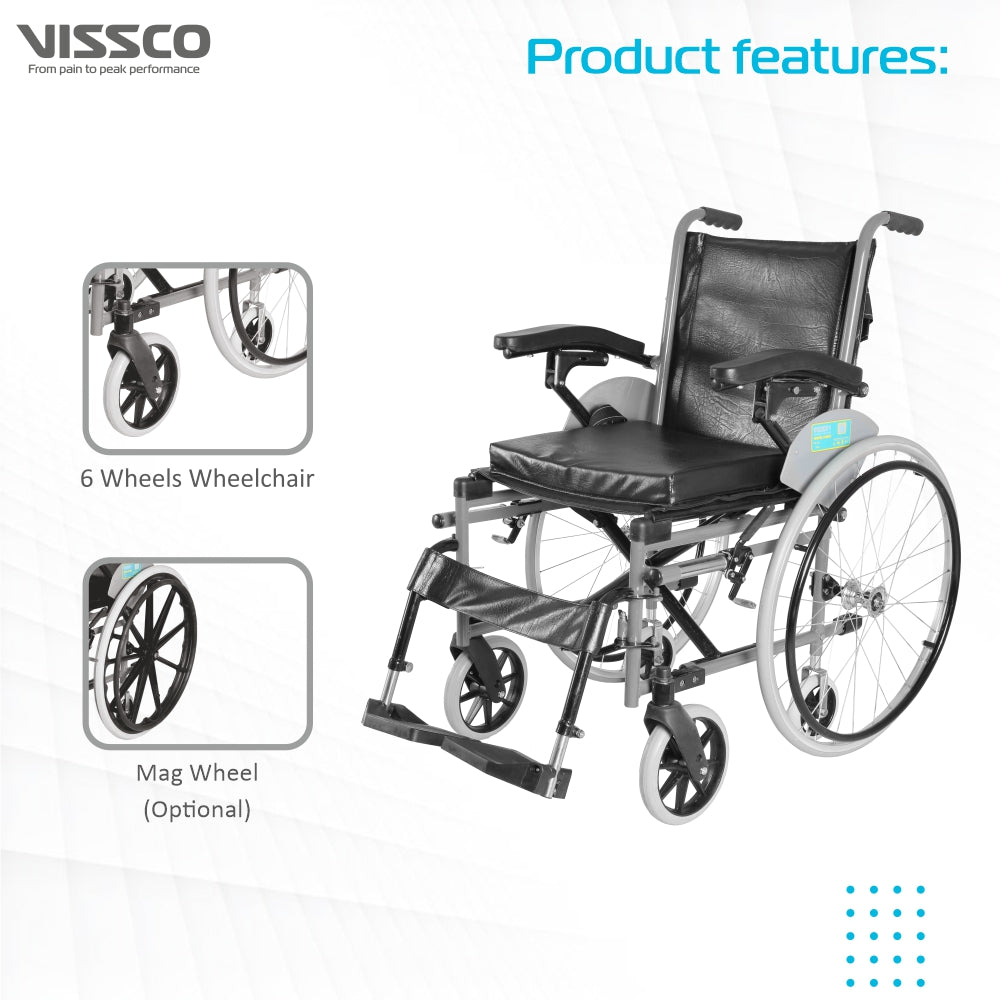 Imperio Wheelchair with Removable Big Wheels (Spoke) | Foldable | Swingable Armrest | Weight Bearing Capacity 110kg | Color (Blue/Grey) - Vissco Next