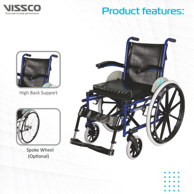 Imperio Wheelchair with Fixed Big Wheels (Mag) | Fixed Armrest | Foldable | Weight Bearing Capacity 110kg | Color (Blue/Grey) - Vissco Next