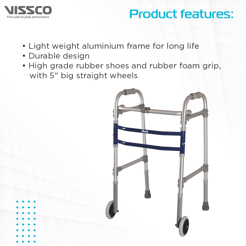 Dura Max Walker (Aluminium) With Straight Wheel for Elderly & Physically Challenged | Foldable |Light Weight & Adjustable Height (Grey)