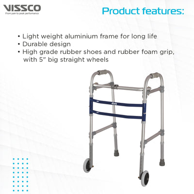Dura Max Walker (Aluminium) With Straight Wheel for Elderly & Physically Challenged | Foldable |Light Weight & Adjustable Height (Grey)