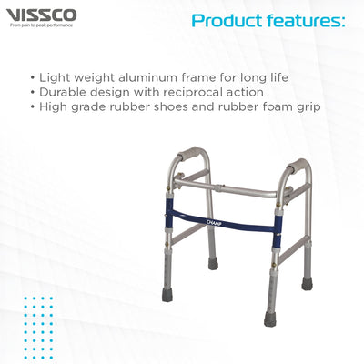 Champ Walker for Children | Foldable Walking Aid | Adjustable Height | Light Weight | With Premium Grade Rubber Shoes and PVC Grip (Grey) - Vissco Next