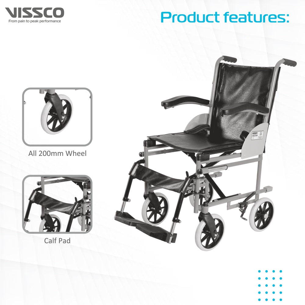 Imperio Wheelchair Institutional with 200mm Wheels | Fixed Armrest | Foldable | Weight Bearing Capacity 100kg | Color (Blue/Grey) - Vissco Next