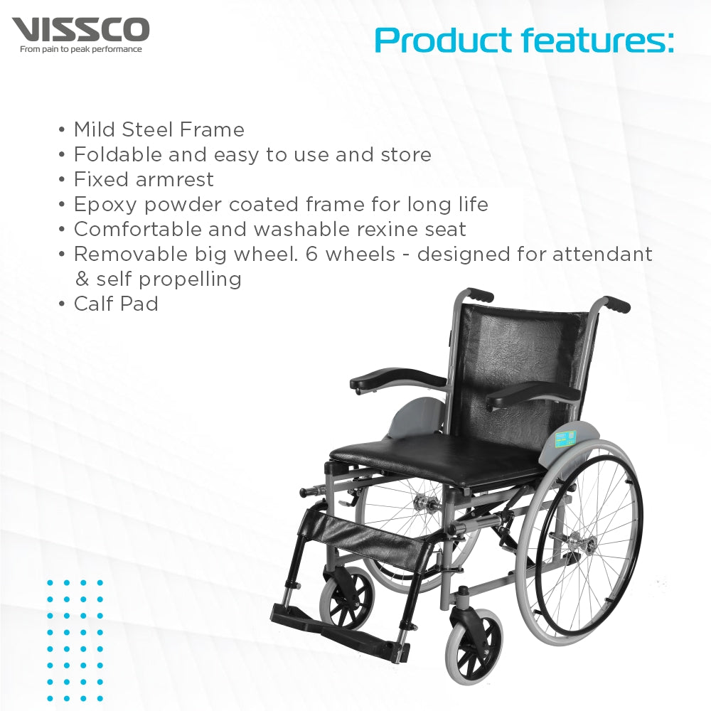 Imperio Wheelchair with Fixed Big Wheels (Spoke) | Fixed Armrest | Foldable | Weight Bearing Capacity 110kg | Color (Blue/Grey) - Vissco Next