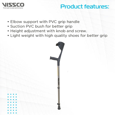 Astra Max Elbow Crutch (Fixed Handle) for Physically Challenged | Light Weight & Adjustable Height (1 Pair) (Grey) - Vissco Next