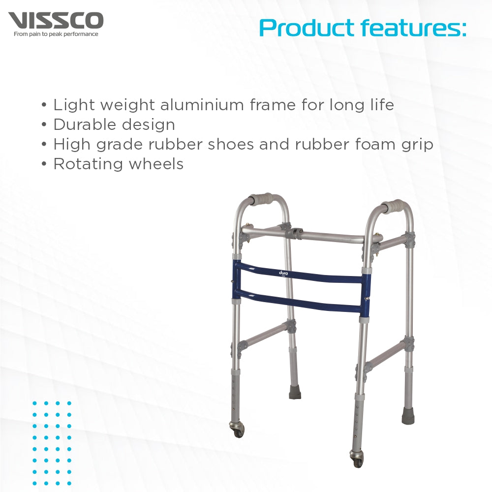 Dura Max Walker with Wheels | (Aluminium) Foldable Walking Aid | Adjustable Height  | Light Weight | With Premium Grade Rubber Shoes and PVC Grip (Grey) - Vissco Next