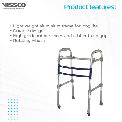 Dura Max Walker with Wheels | (Aluminium) Foldable Walking Aid | Adjustable Height  | Light Weight | With Premium Grade Rubber Shoes and PVC Grip (Grey) - Vissco Next