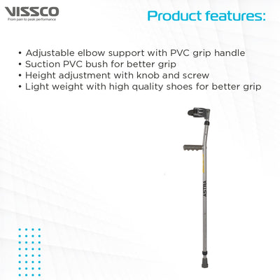 Astra Plus Elbow Crutches | Adjustable Elbow Support & Height | Light Weight | PVC grip Handle (1 Pair) | Color (Grey) - Vissco Next