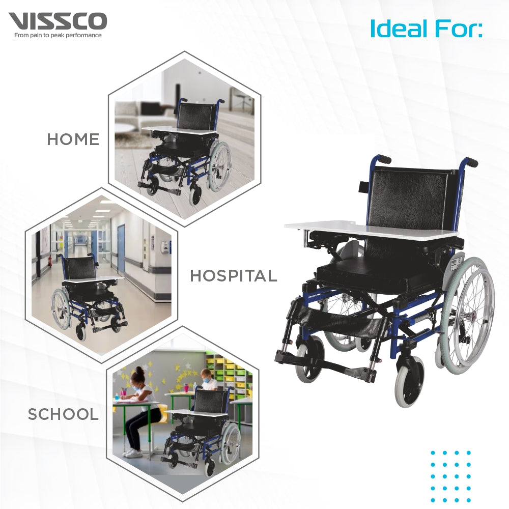 Champ Pediatric Wheelchair with Writing Pad for Children | Foldable | Pneumatic Tires For More Comfort | Weight Bearing Capacity Upto 100kg | Color (Blue/Grey) - Vissco Next