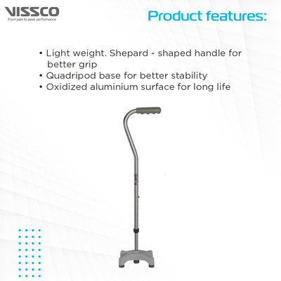 Avanti Sheperd Shape Quadripod Stick for Physically Challeged | Light Weight & Adjustable Height (Grey) - Vissco Next