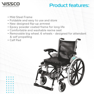 Imperio Wheelchair with Removable Big Wheels (Mag) | Foldable | Swingable Armrest | Weight Bearing Capacity 110kg | Color (Blue/Grey) - Vissco Next