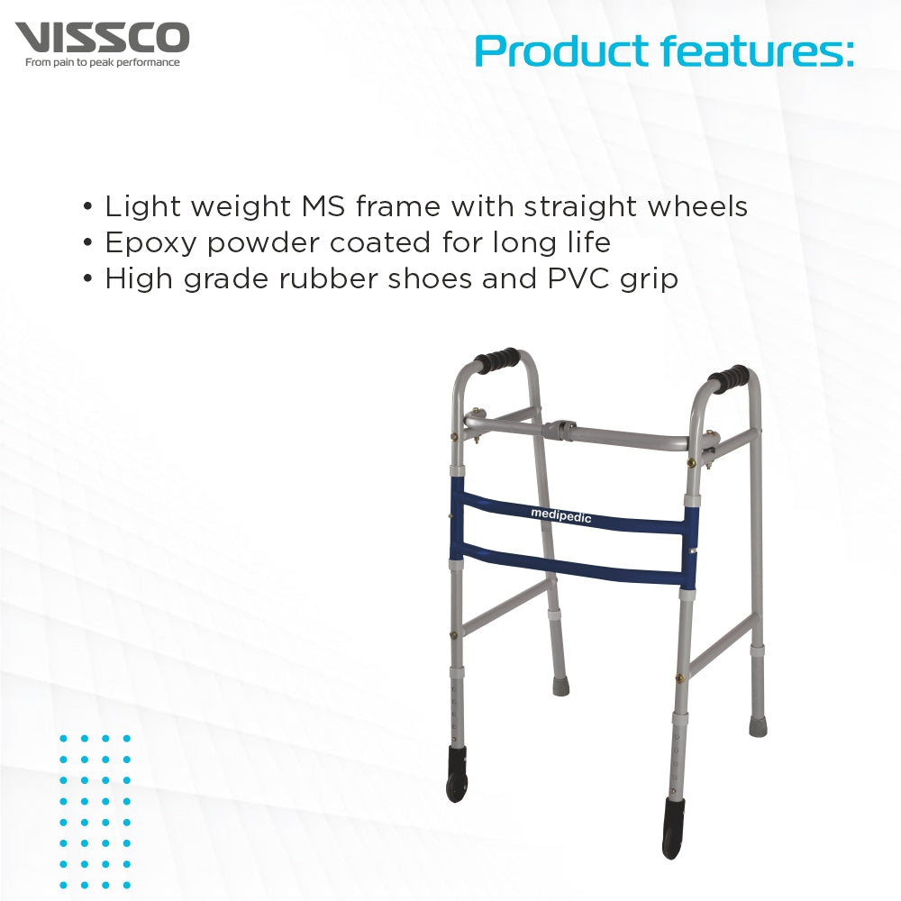 Medipedic Walker with Straight Castor - Single Bar for Physically Challenged | Mild Steel | Foldable | Light Weight & Adjustable Height (Grey) - Vissco Next
