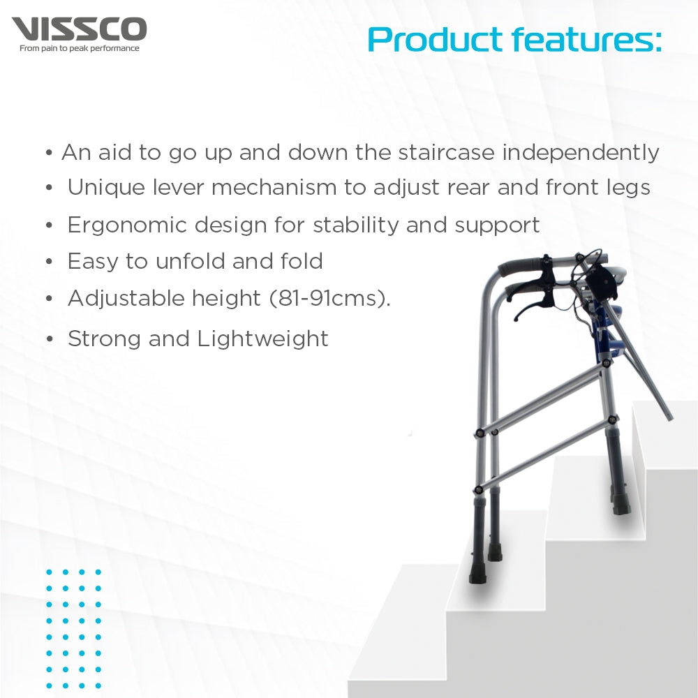 Dura Step Walker for Climbing Stairs (Aluminium) | Lever Mechanism to Adjust Rear and Front Legs | Foldable | Light Weight | Color (Anodized/Silver) - Vissco Next