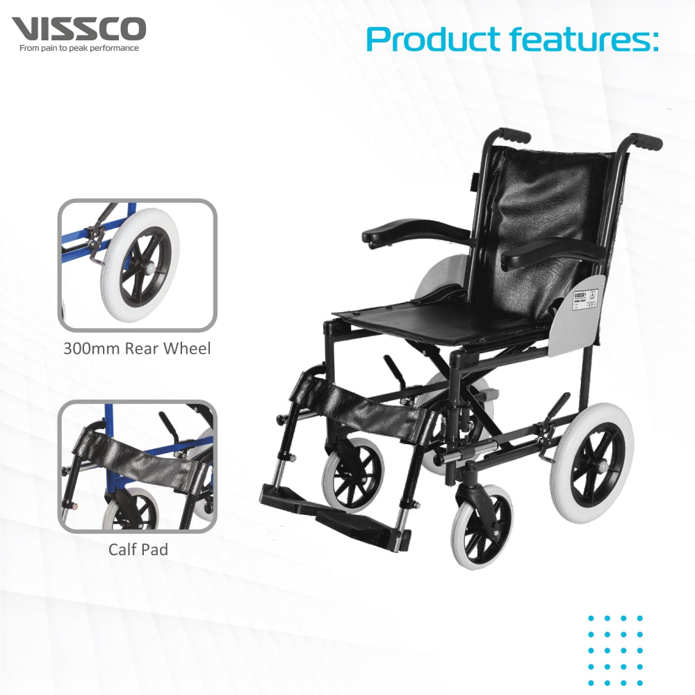 Imperio Wheelchair Institutional with 300mm Rear Wheels | Fixed Armrest | Foldable | Weight Bearing Capacity 100kg | Color (Blue/Grey) - Vissco Next