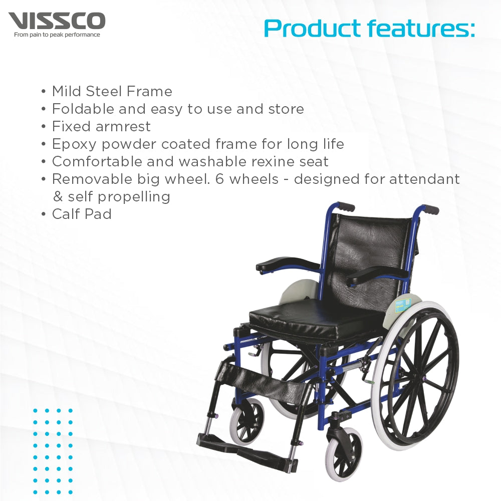 Imperio Wheelchair with Fixed Big Wheels (Mag) | Fixed Armrest | Foldable | Weight Bearing Capacity 110kg | Color (Blue/Grey) - Vissco Next