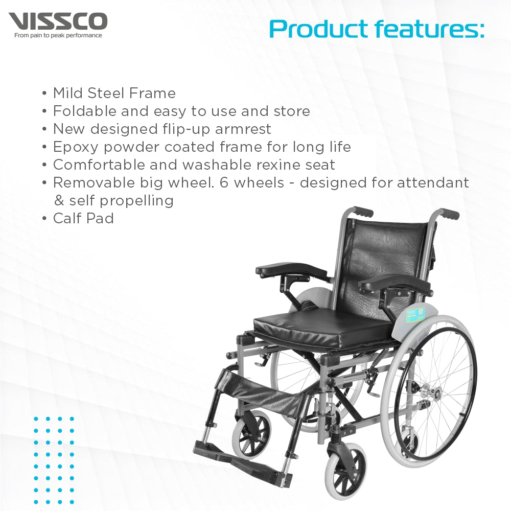 Imperio Wheelchair with Removable Big Wheels (Spoke) | Foldable | Swingable Armrest | Weight Bearing Capacity 110kg | Color (Blue/Grey) - Vissco Next