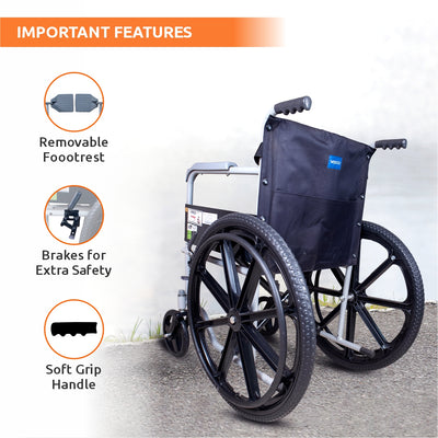 Rodeo Veer Mag Wheel | WheelChair With Fixed Handle | Swingable Footrest | Weight Capacity 100kg (Grey)