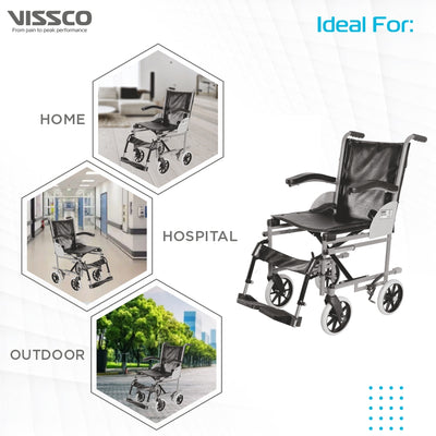 Imperio Wheelchair Institutional with 200mm Wheels | Fixed Armrest | Foldable | Weight Bearing Capacity 100kg | Color (Blue/Grey) - Vissco Next