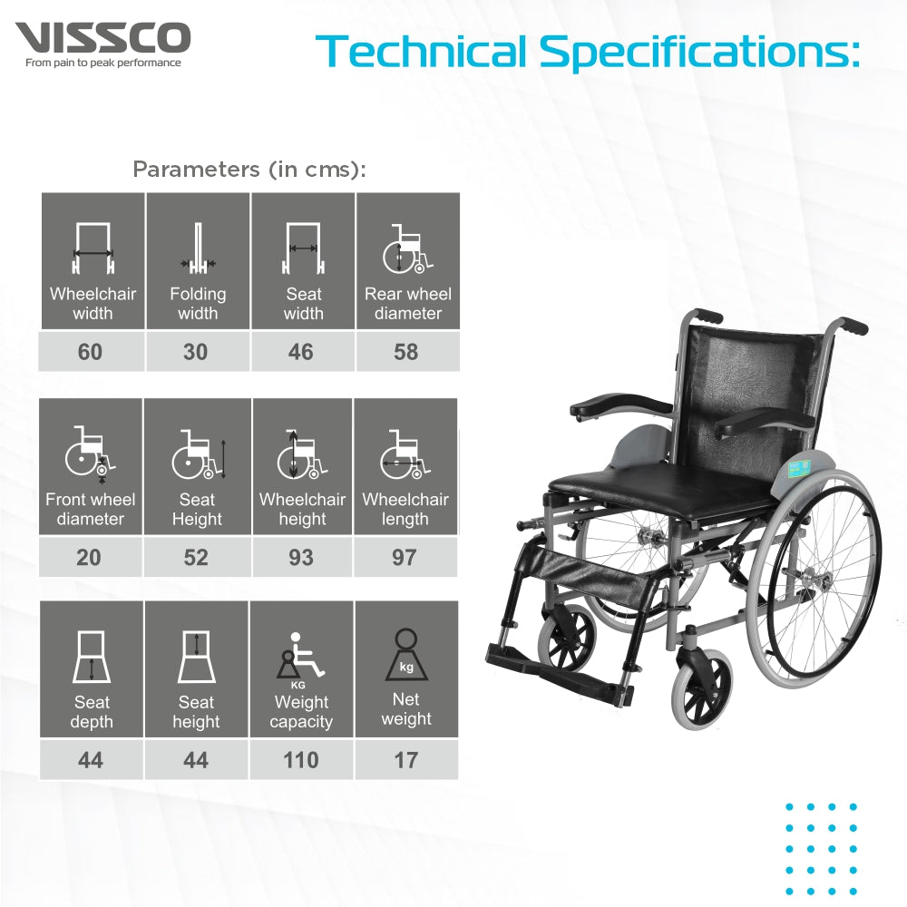 Imperio Wheelchair with Fixed Big Wheels (Spoke) | Fixed Armrest | Foldable | Weight Bearing Capacity 110kg | Color (Blue/Grey) - Vissco Next
