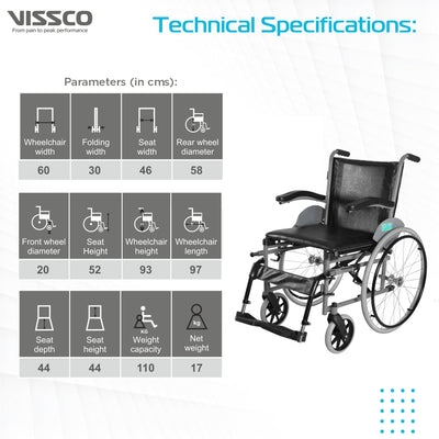 Imperio Wheelchair with Fixed Big Wheels (Spoke) | Fixed Armrest | Foldable | Weight Bearing Capacity 110kg | Color (Blue/Grey) - Vissco Next