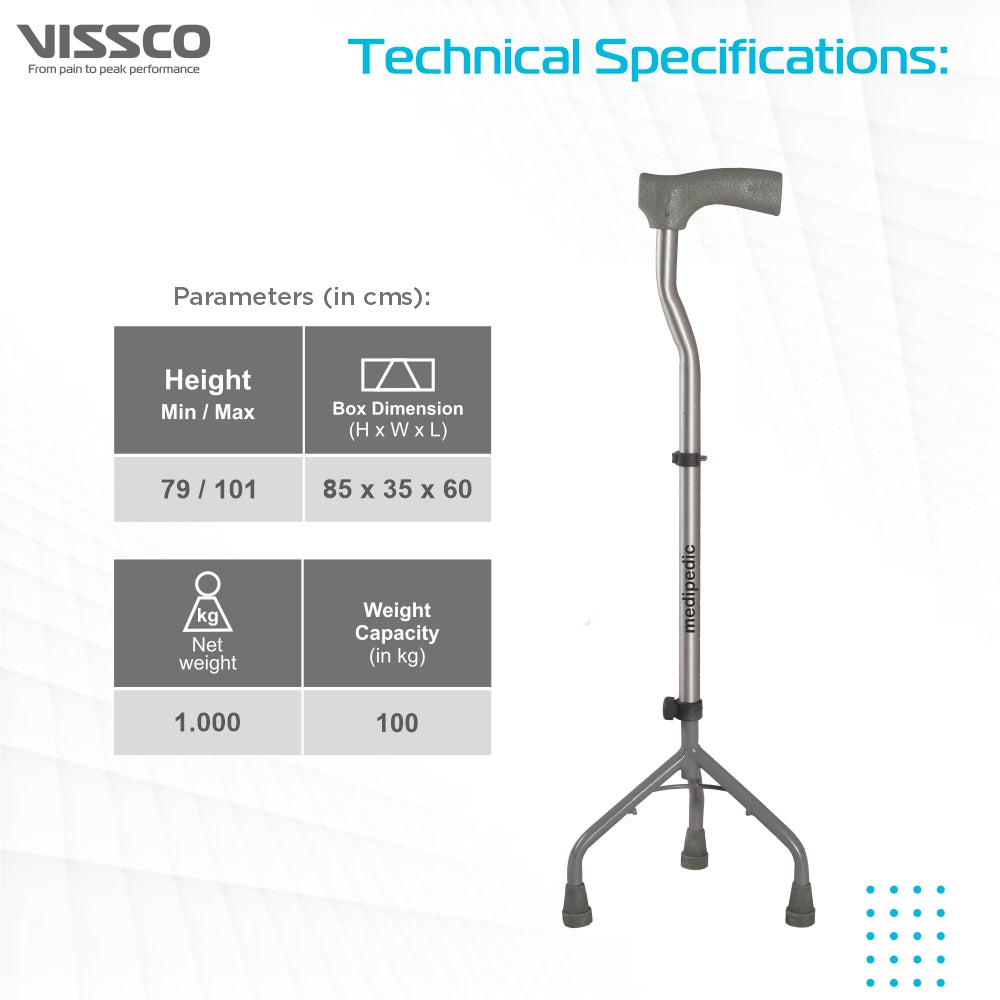 Vissco Medipedic Walking Stick - Tripod, L-Shaped | Mild Steel