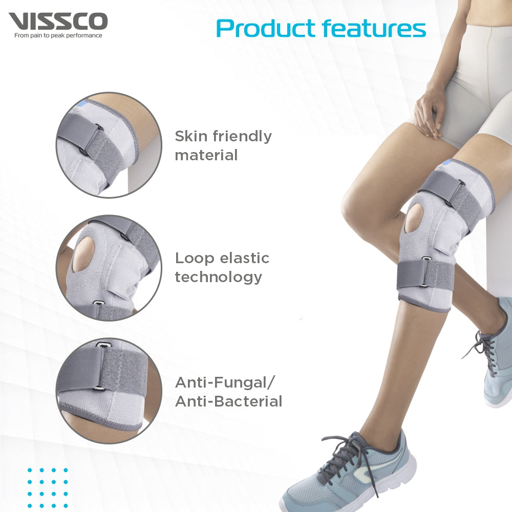 Stretchable Hinged Elastic with Open Patella| Ideal moderate support to provide Knee Pain Relief | Color - Grey (Single Piece) - Vissco Rehabilitation 