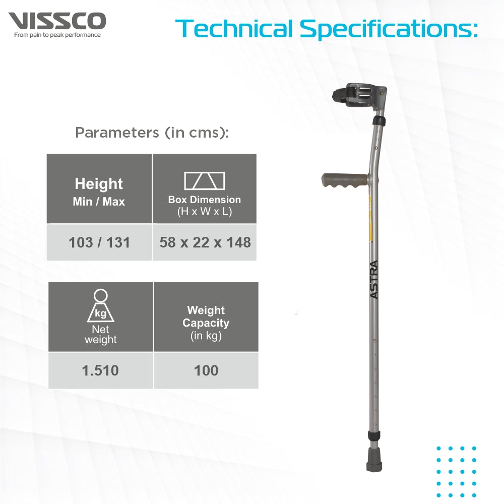 Astra Plus Elbow Crutches | Adjustable Elbow Support & Height | Light Weight | PVC grip Handle (1 Pair) | Color (Grey) - Vissco Next