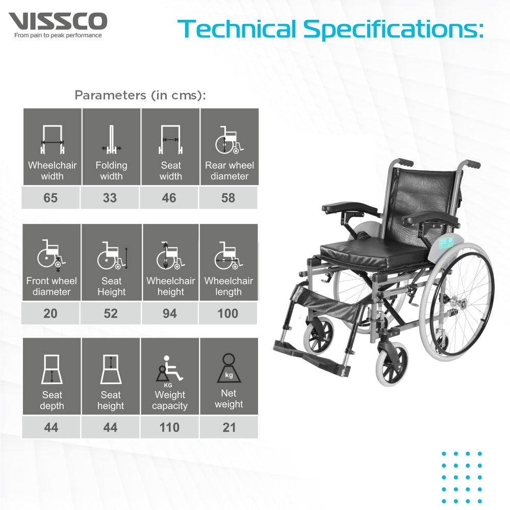 Imperio Wheelchair with Removable Big Wheels (Spoke) | Foldable | Swingable Armrest | Weight Bearing Capacity 110kg | Color (Blue/Grey) - Vissco Next