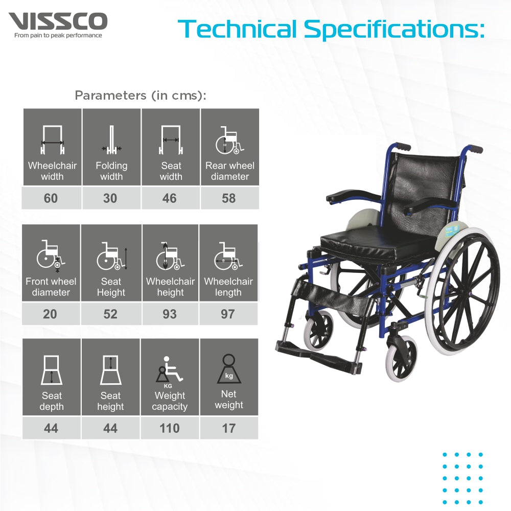 Imperio Wheelchair with Fixed Big Wheels (Mag) | Fixed Armrest | Foldable | Weight Bearing Capacity 110kg | Color (Blue/Grey) - Vissco Next