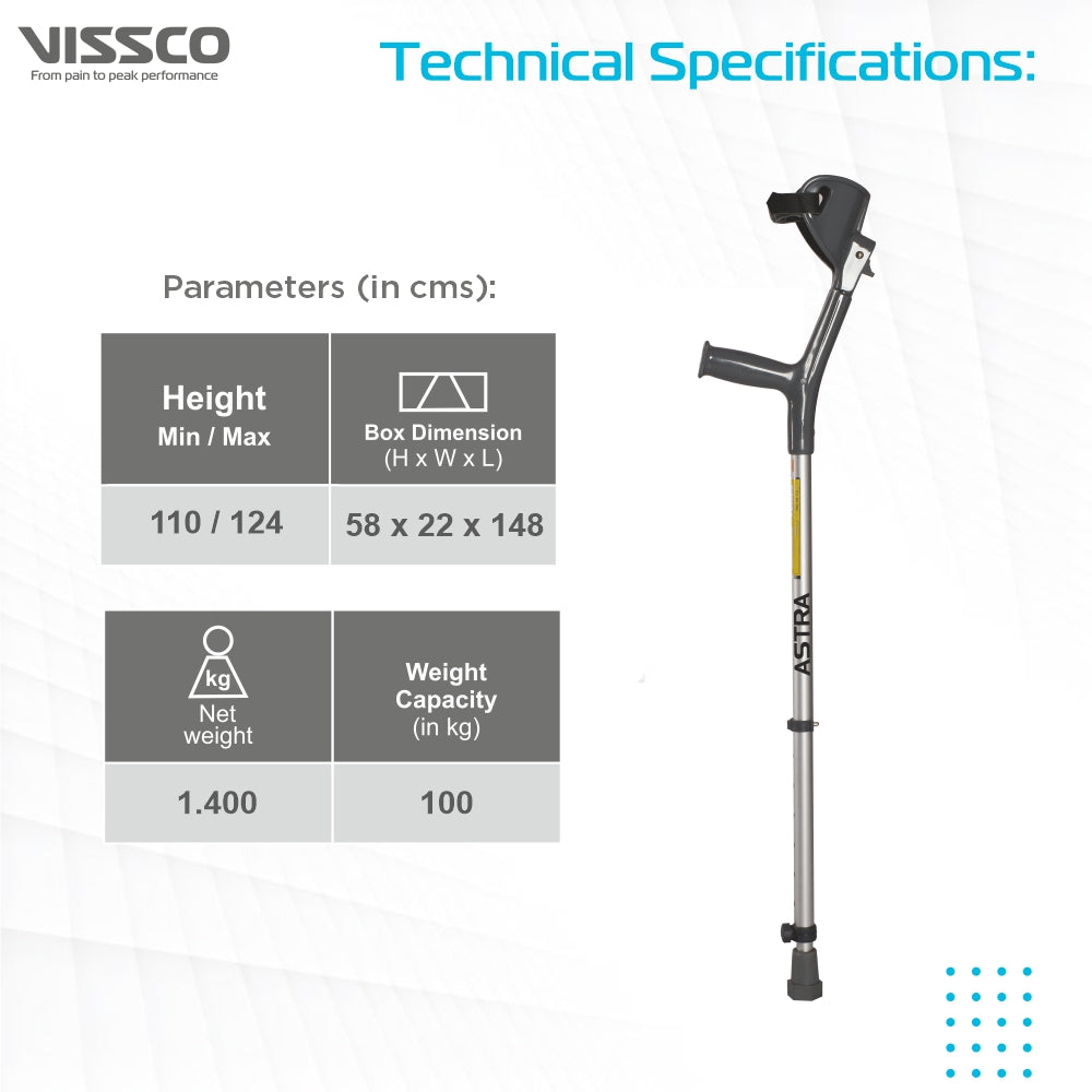 Astra Max Elbow Crutches | Adjustable Elbow Support & Height | Light Weight | PVC grip Handle (1 Pair) | Color (Grey) - Vissco Next