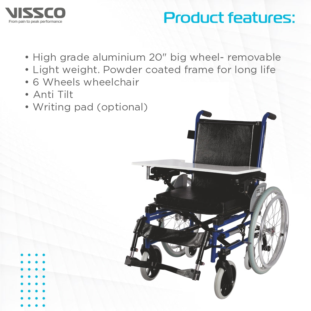 Champ Pediatric Wheelchair with Writing Pad for Children | Foldable | Pneumatic Tires For More Comfort | Weight Bearing Capacity Upto 100kg | Color (Blue/Grey) - Vissco Next