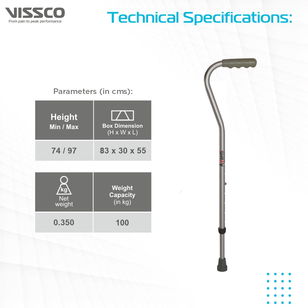 Avanti Sheperd Shape Single Stick for Physically Challeged | Light Weight & Adjustable Height (Grey) - Vissco Next