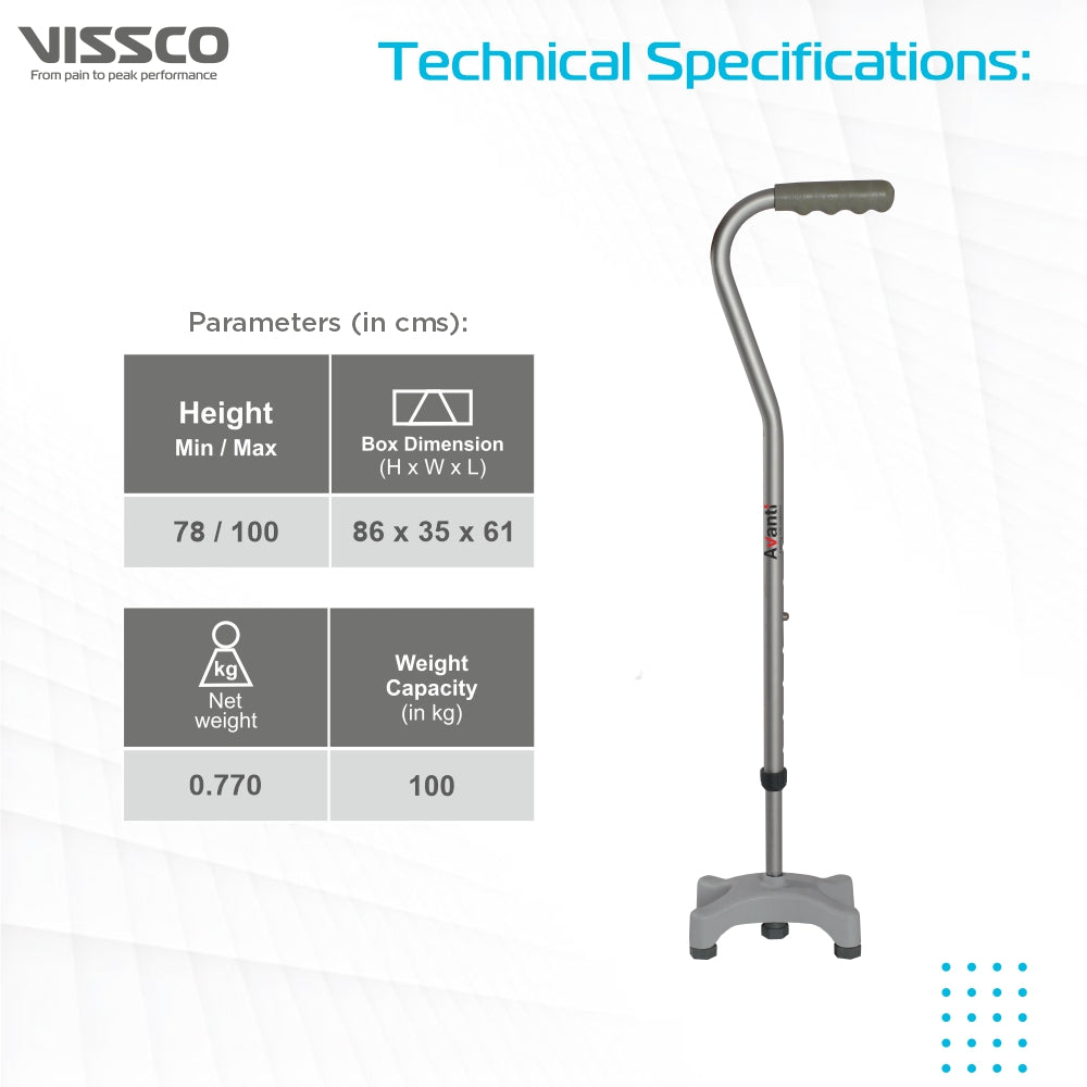 Avanti Sheperd Shape Quadripod Stick for Physically Challeged | Light Weight & Adjustable Height (Grey) - Vissco Next