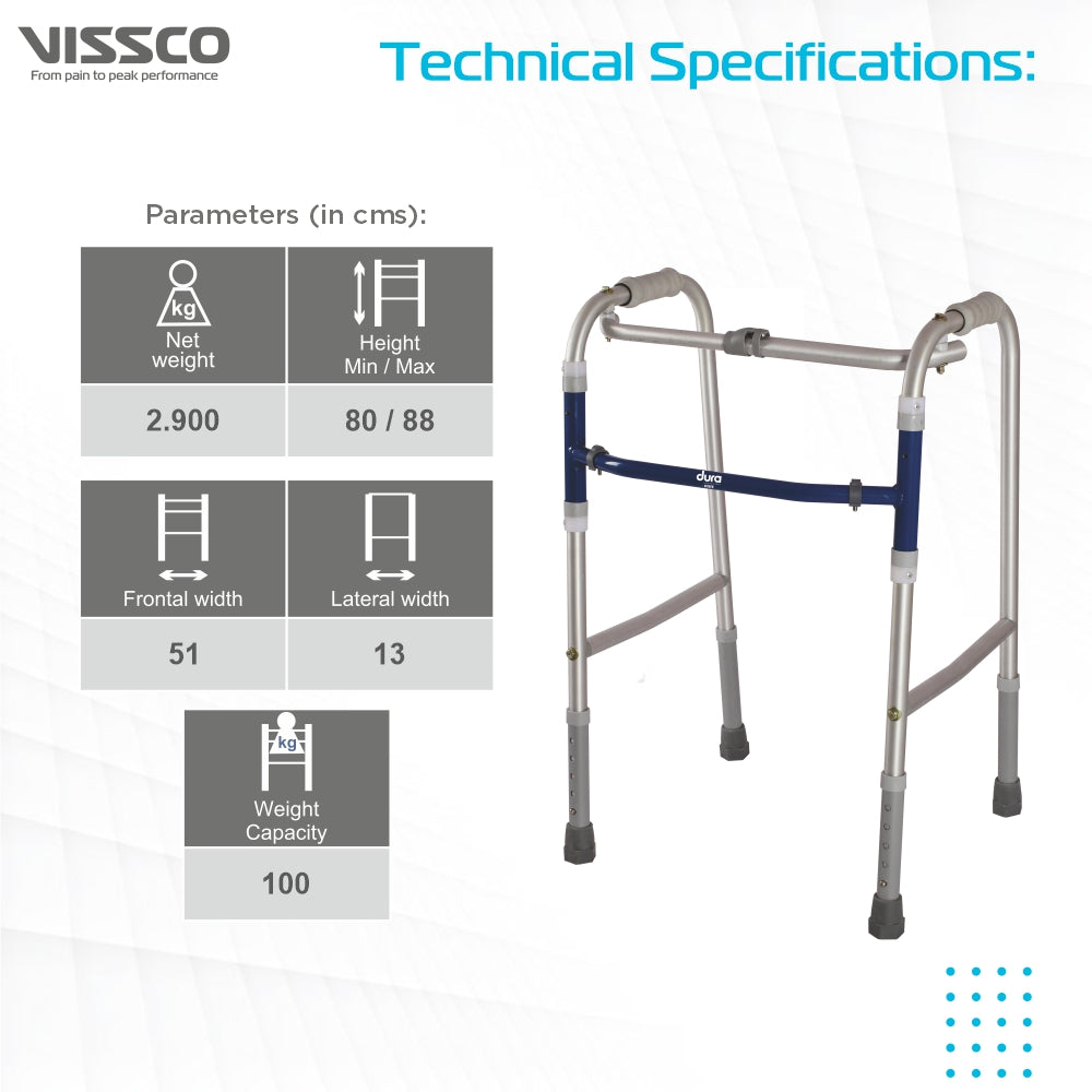 Dura Reciprocal Walker (Aluminium) for Elderly & Physically Challenged | Foldable |Light Weight & Adjustable Height (Grey) - Vissco Next