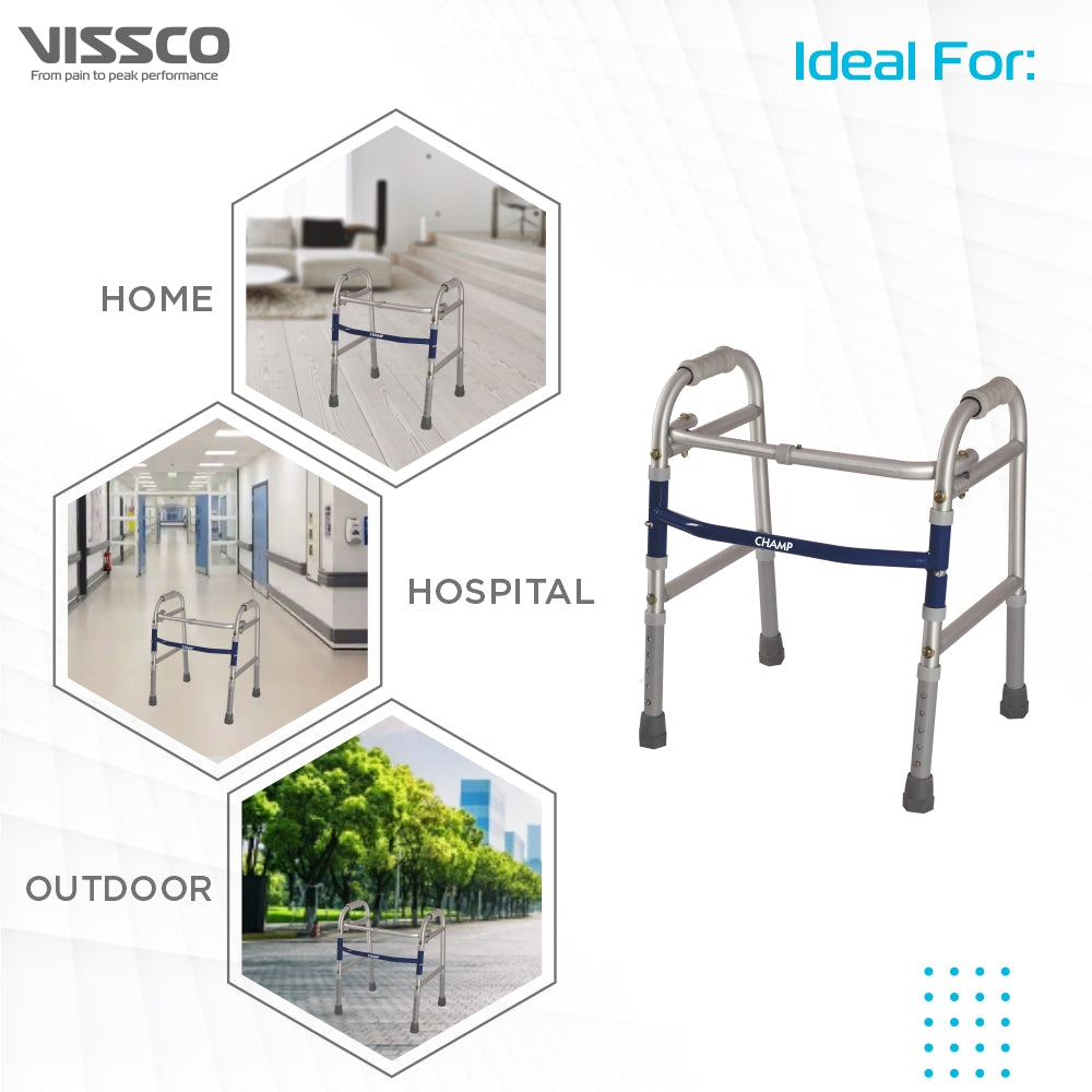 Champ Walker for Children | Foldable Walking Aid | Adjustable Height | Light Weight | With Premium Grade Rubber Shoes and PVC Grip (Grey) - Vissco Next