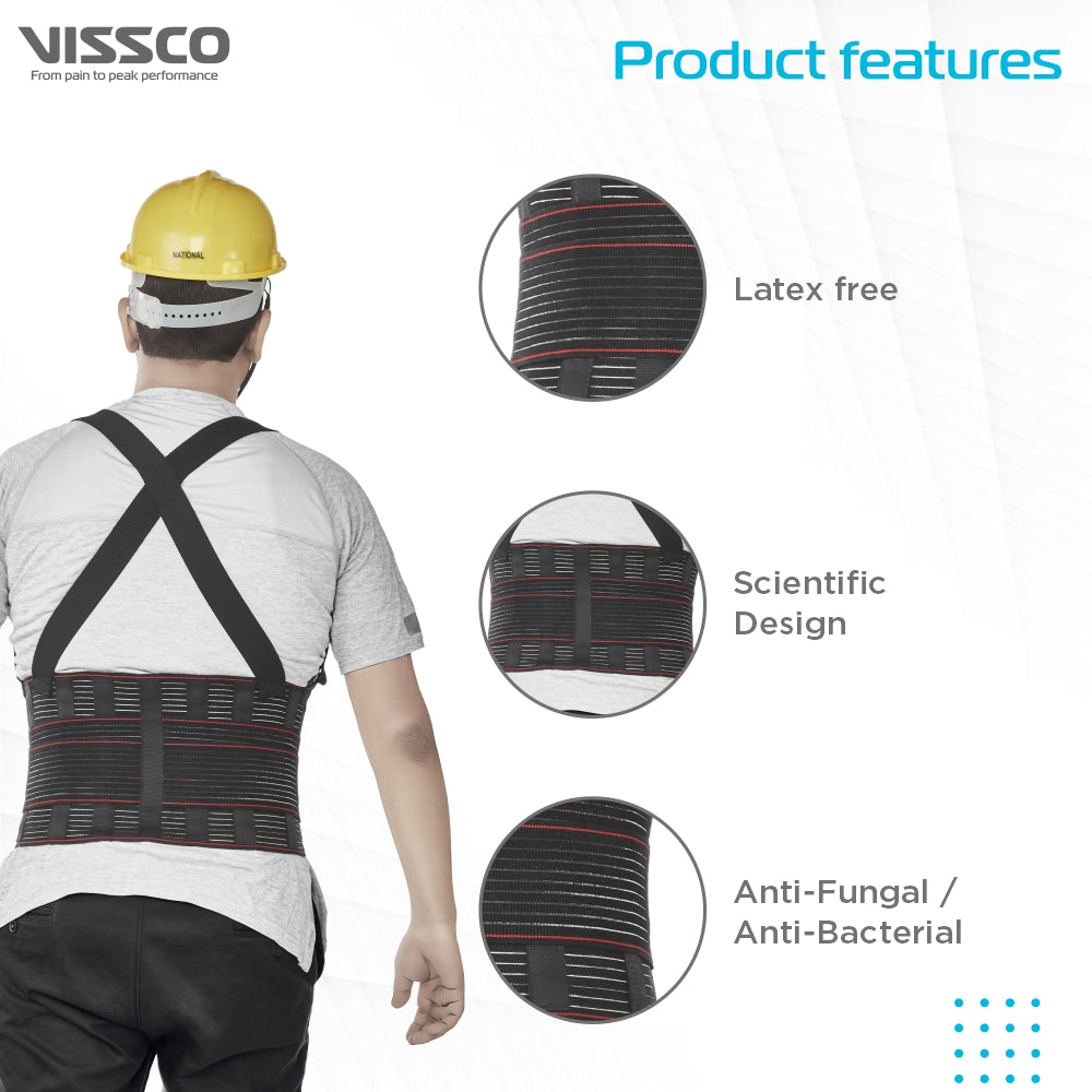 Vissco Back Support Industrial Belt For Back Injury Due To Heavy Weight Lifting, Lumbar Strain / Sprain, Back Pain Relief - (Black) - Vissco Rehabilitation 