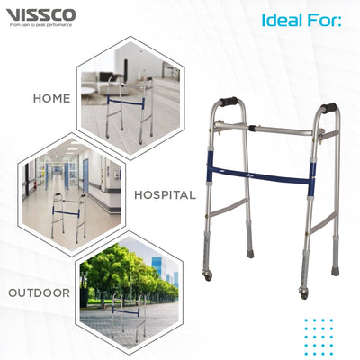 Dura Lite Walker (Aluminium) with Wheels | Foldable Walking Aid | Adjustable Height | Light Weight | With Premium Grade Rubber Shoes and PVC Grip (Grey) - Vissco Next