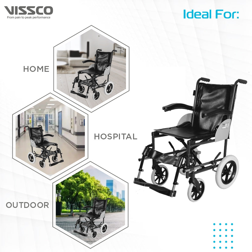 Imperio Wheelchair Institutional with 300mm Rear Wheels | Fixed Armrest | Foldable | Weight Bearing Capacity 100kg | Color (Blue/Grey) - Vissco Next
