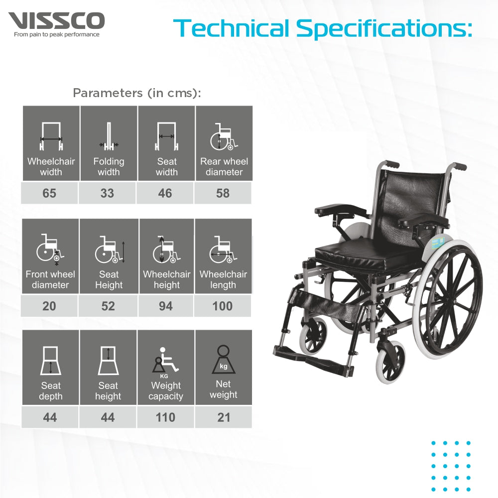 Imperio Wheelchair with Removable Big Wheels (Mag) | Foldable | Swingable Armrest | Weight Bearing Capacity 110kg | Color (Blue/Grey) - Vissco Next