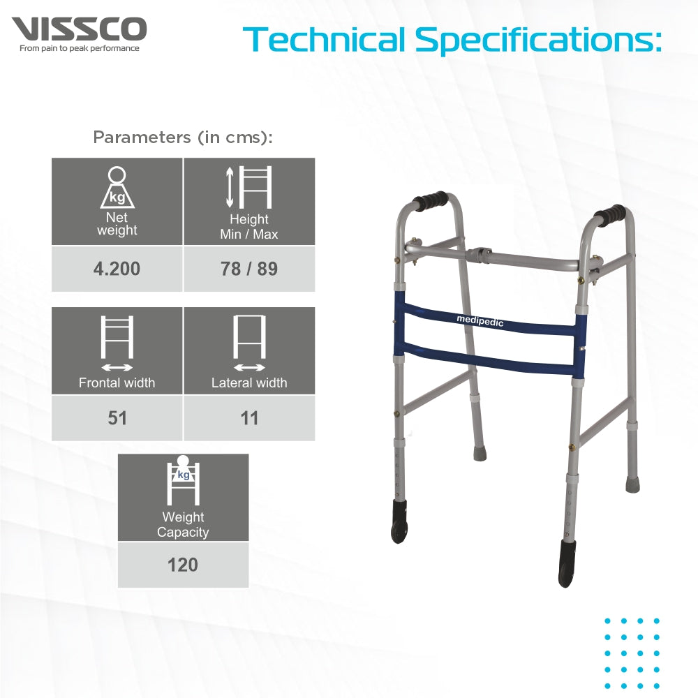 Medipedic Walker with Straight Castor - Single Bar for Physically Challenged | Mild Steel | Foldable | Light Weight & Adjustable Height (Grey) - Vissco Next