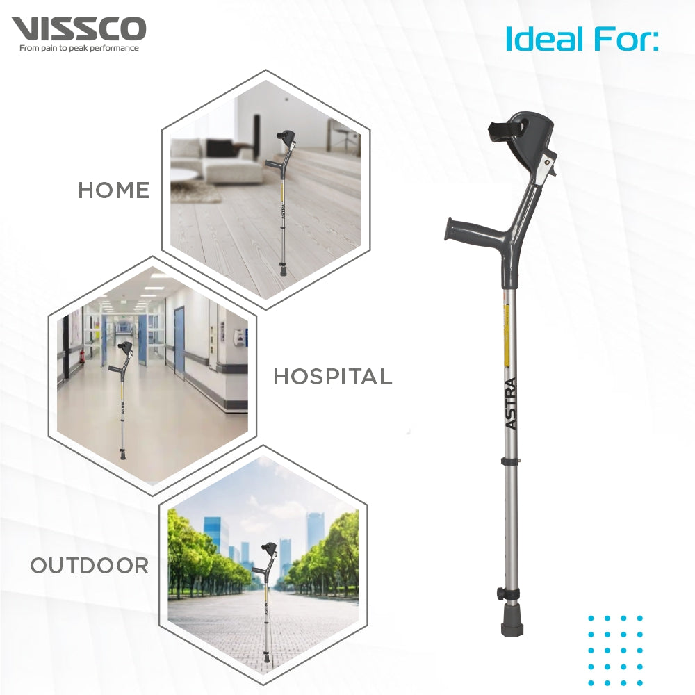 Astra Max Elbow Crutches | Adjustable Elbow Support & Height | Light Weight | PVC grip Handle (1 Pair) | Color (Grey) - Vissco Next