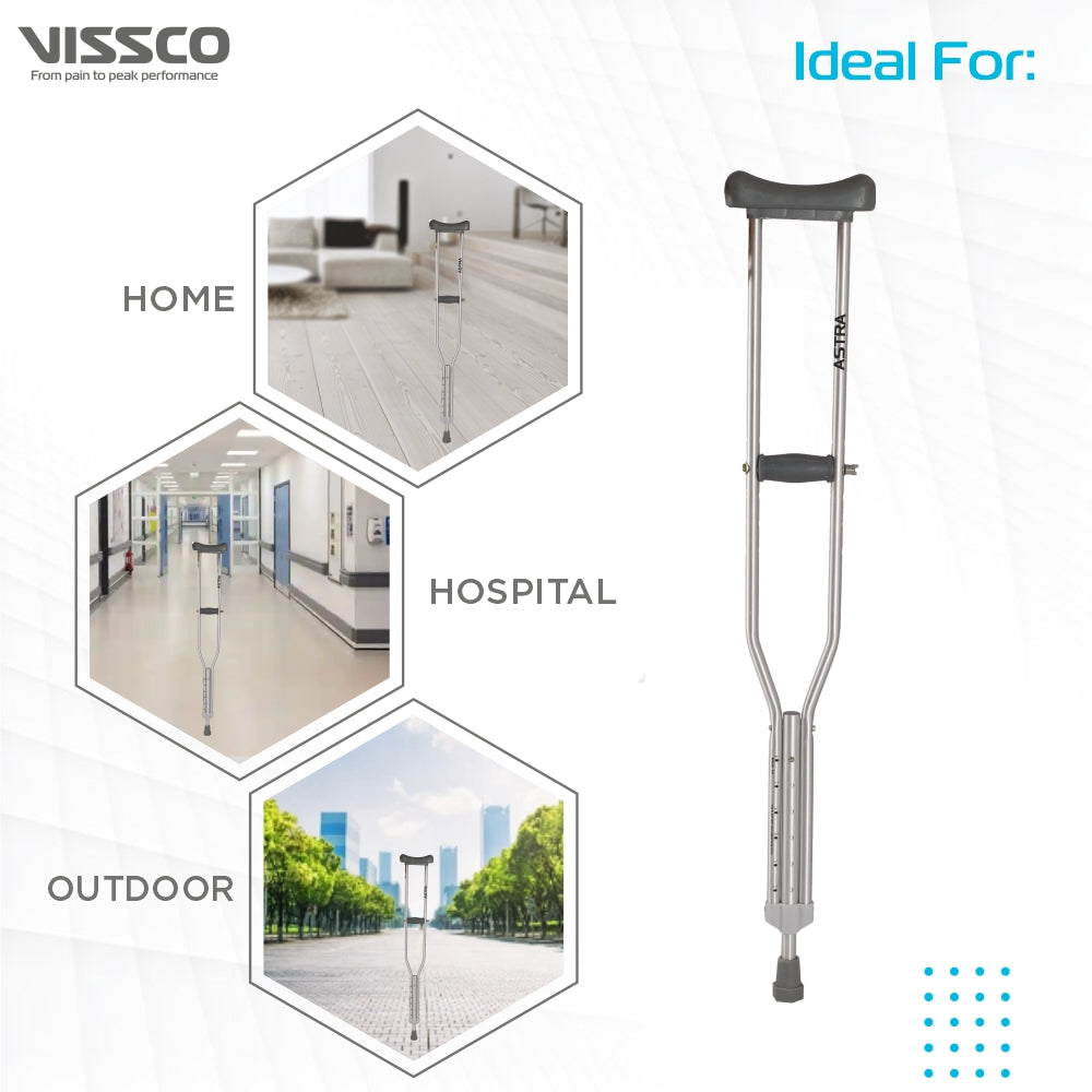 Astra Under Arm Crutches | Adjustable Elbow Support & Height | Light Weight | PVC grip Handle (1 Pair) | Color (Grey) - Vissco Next
