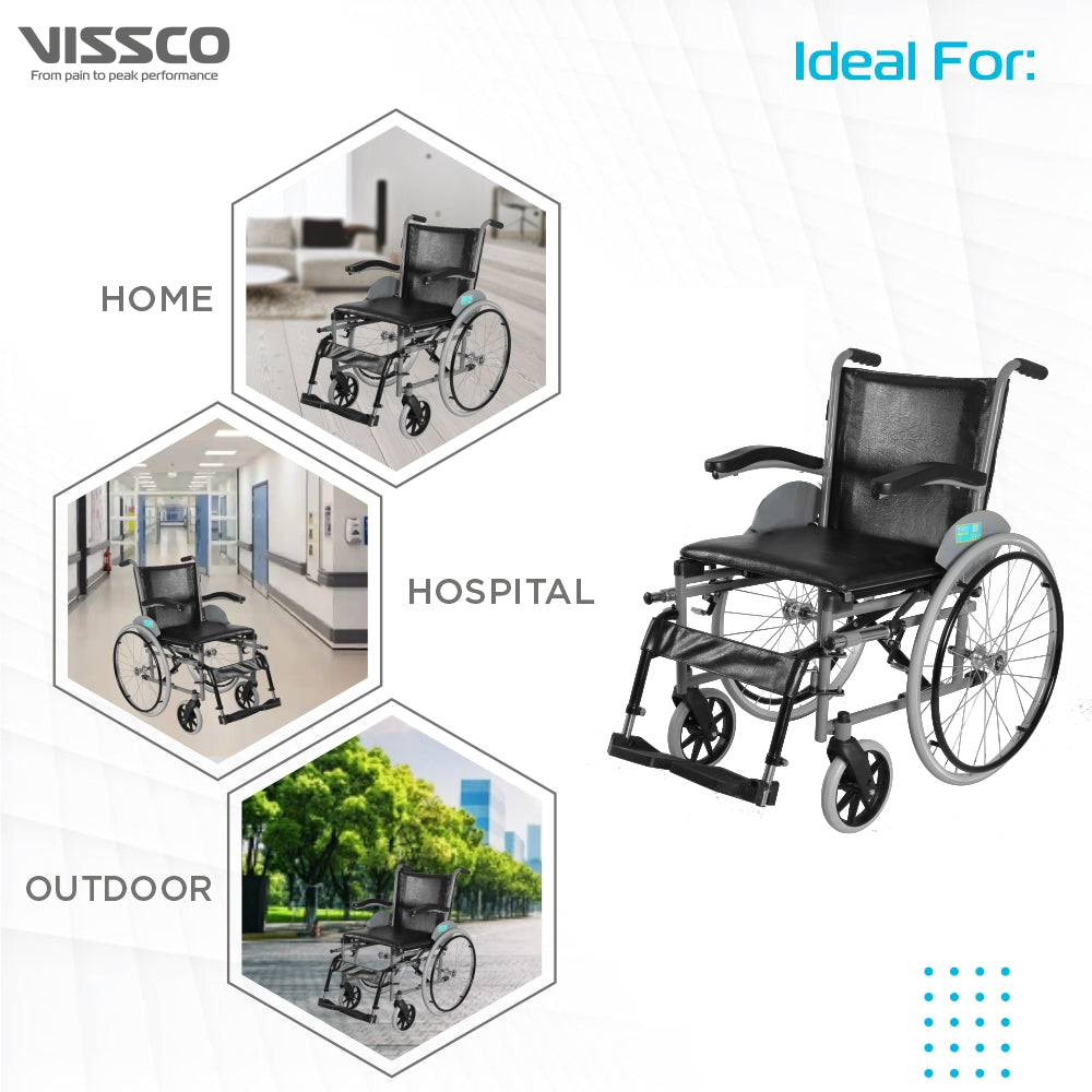 Imperio Wheelchair with Fixed Big Wheels (Spoke) | Fixed Armrest | Foldable | Weight Bearing Capacity 110kg | Color (Blue/Grey) - Vissco Next